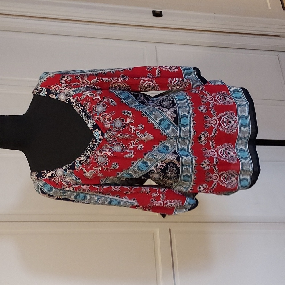 Bila Boho Peasant Blouse Top Red Print V Neck Ethnic Blouse Size L